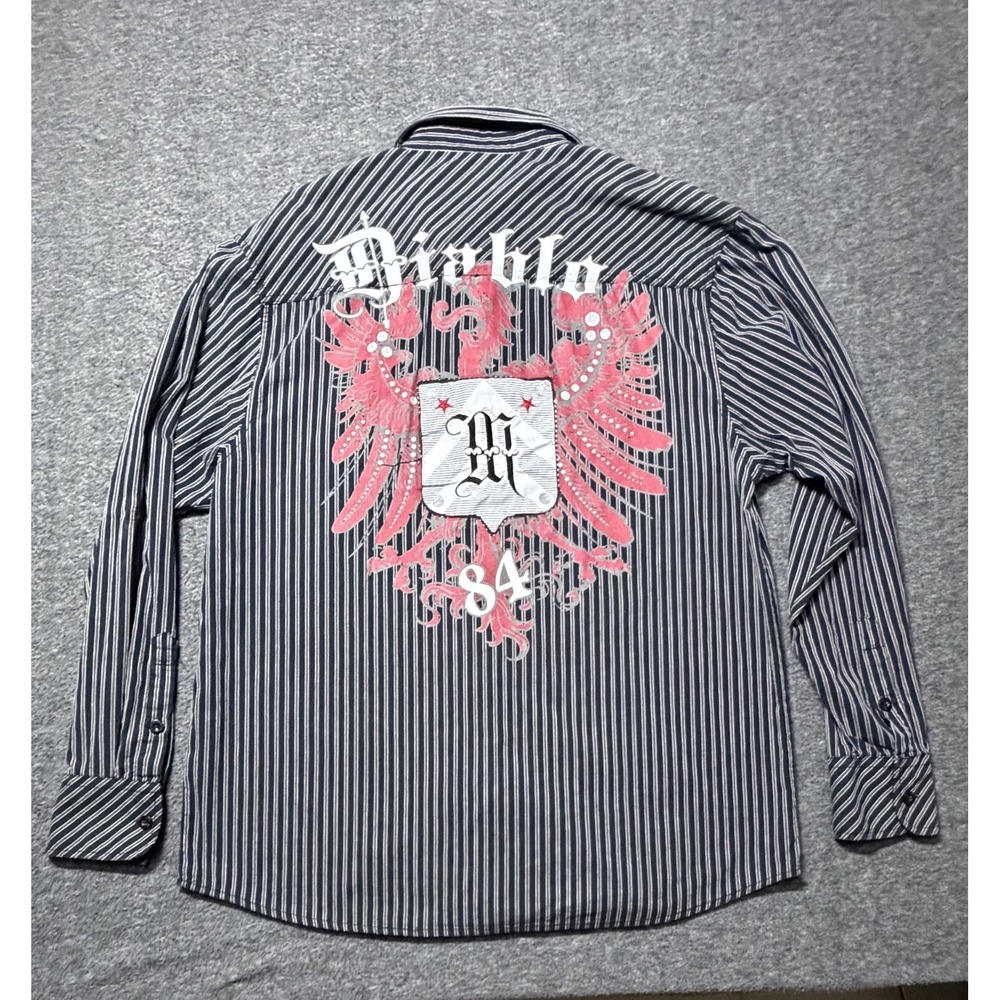 Mecca Mens Large Gray Black Striped Button Up Shirt Diablo 84 Graphic LS
